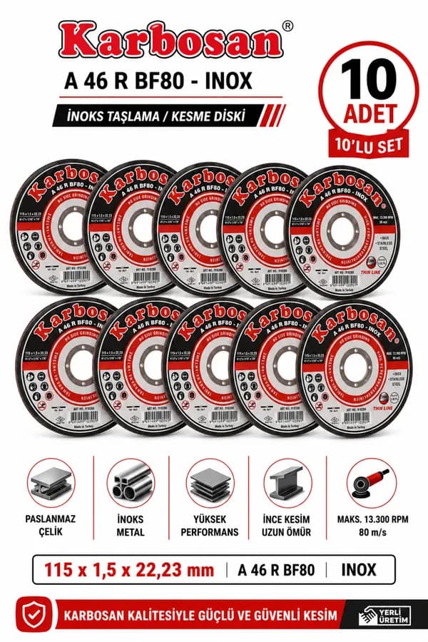 Karbosan A46 R BF80 INOX Metal Kesme Diski 115x1,5x22,23 mm 10'lu Set - Görsel 1